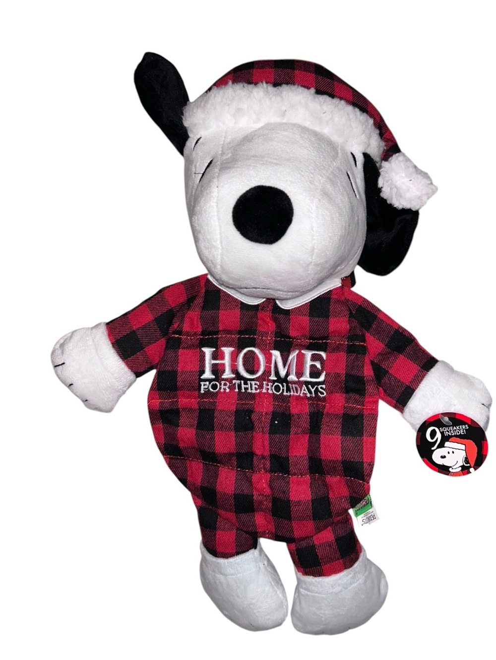 Peanuts Snoopy Plush "Home For The Holidays" Christmas Pajamas. Squeaker Dog Toy